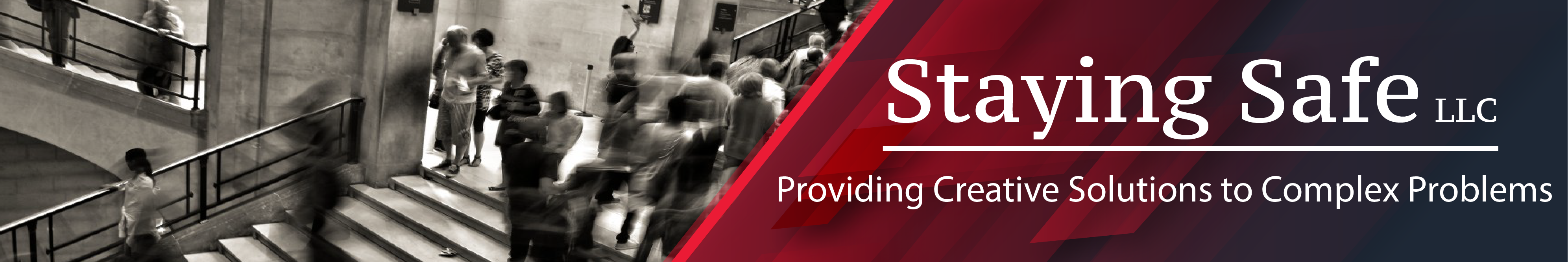 Staying Safe banner with people moving through a stairwell